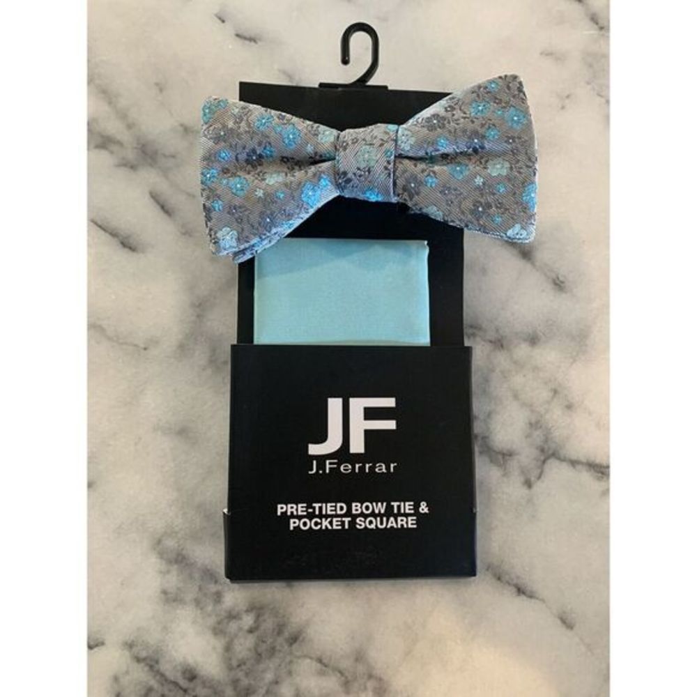 NWT JF J Ferrar Pretied Bow Tie Bowtie Pocket Square Blue Gray‎ Floral MSRP $40
